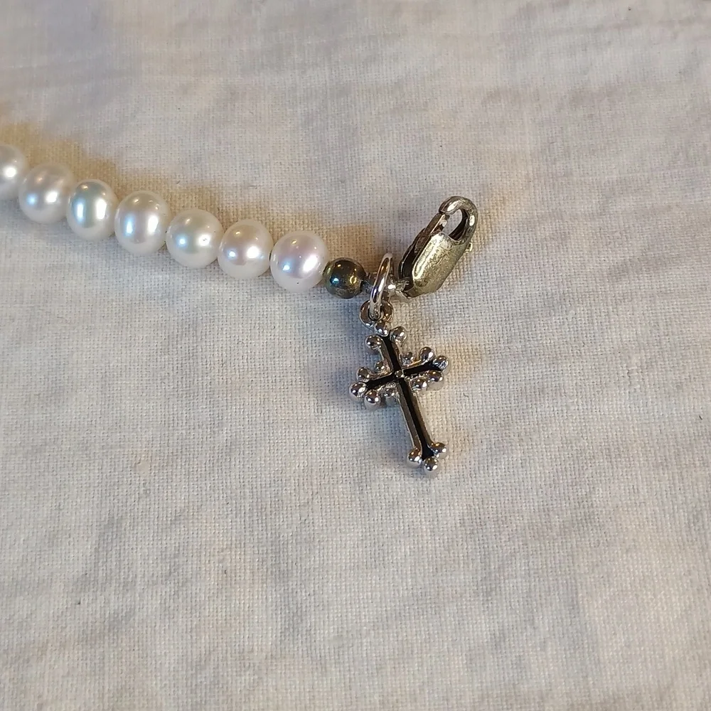 Baby Pearl And Sterling Silver Baby Bracelet With Cross Charm